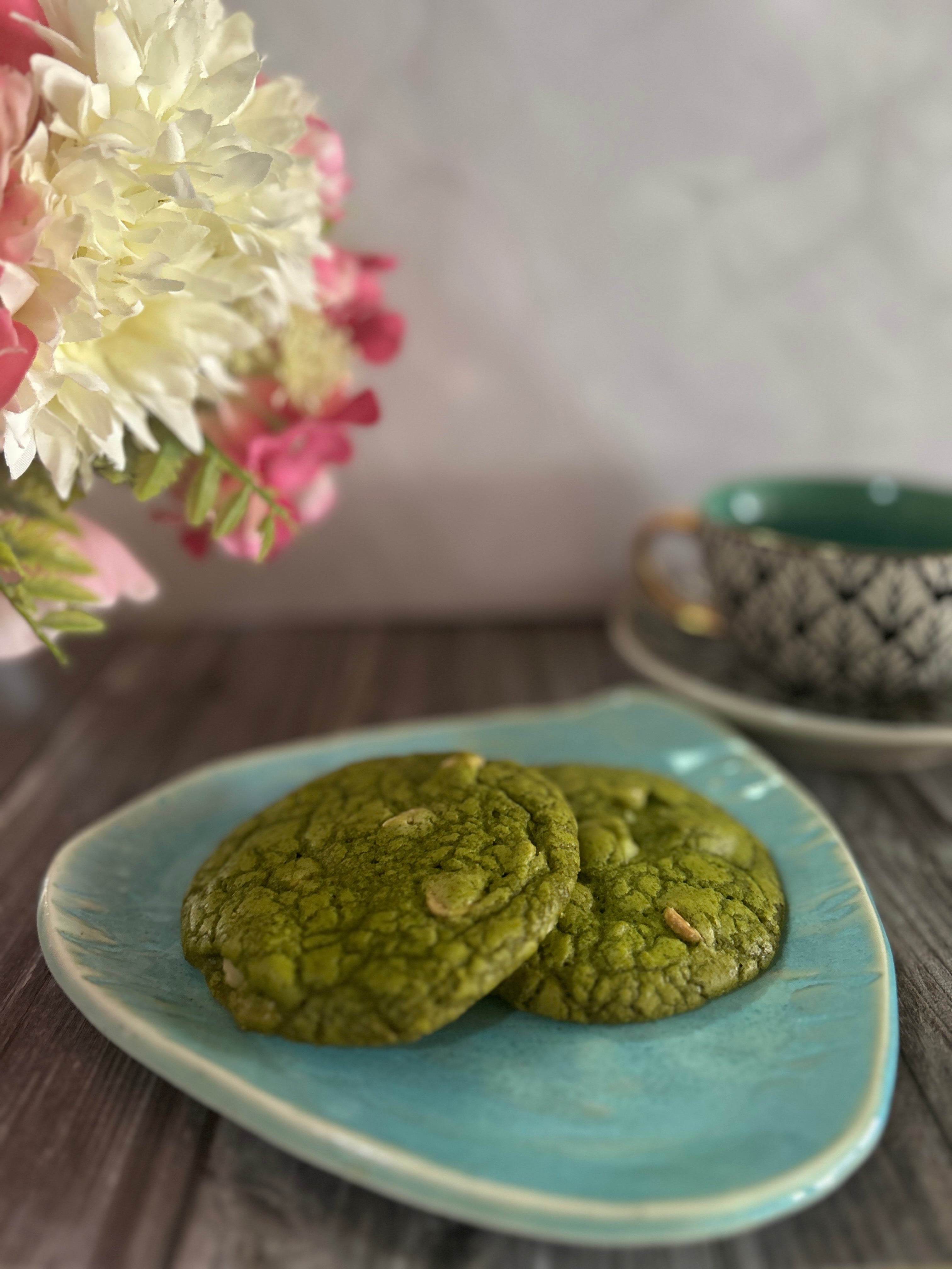 Handmade Japanese matcha cookie with macadamia nuts and white chocolate chips