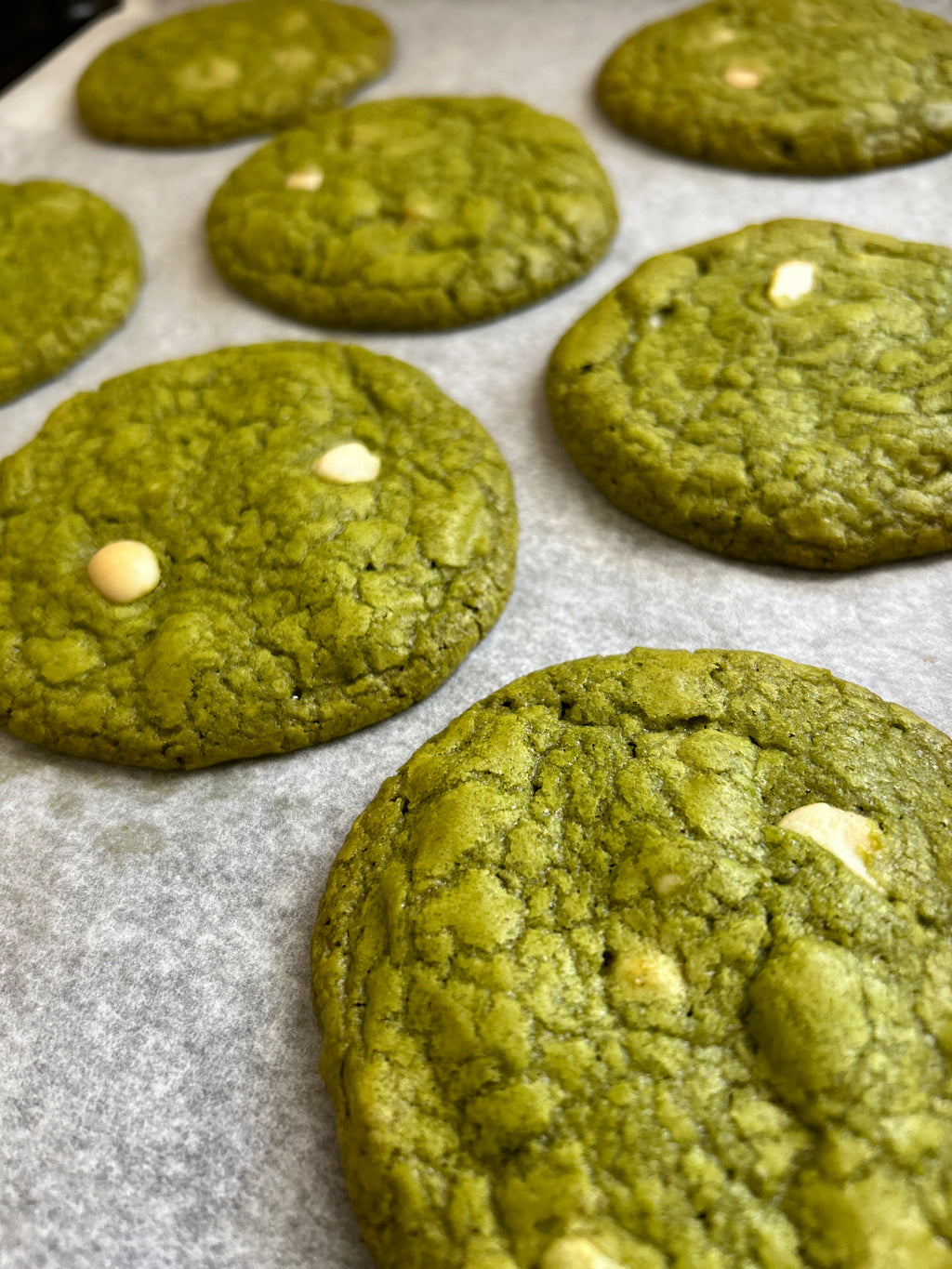 Handmade Japanese matcha cookie with macadamia nuts and white chocolate chips