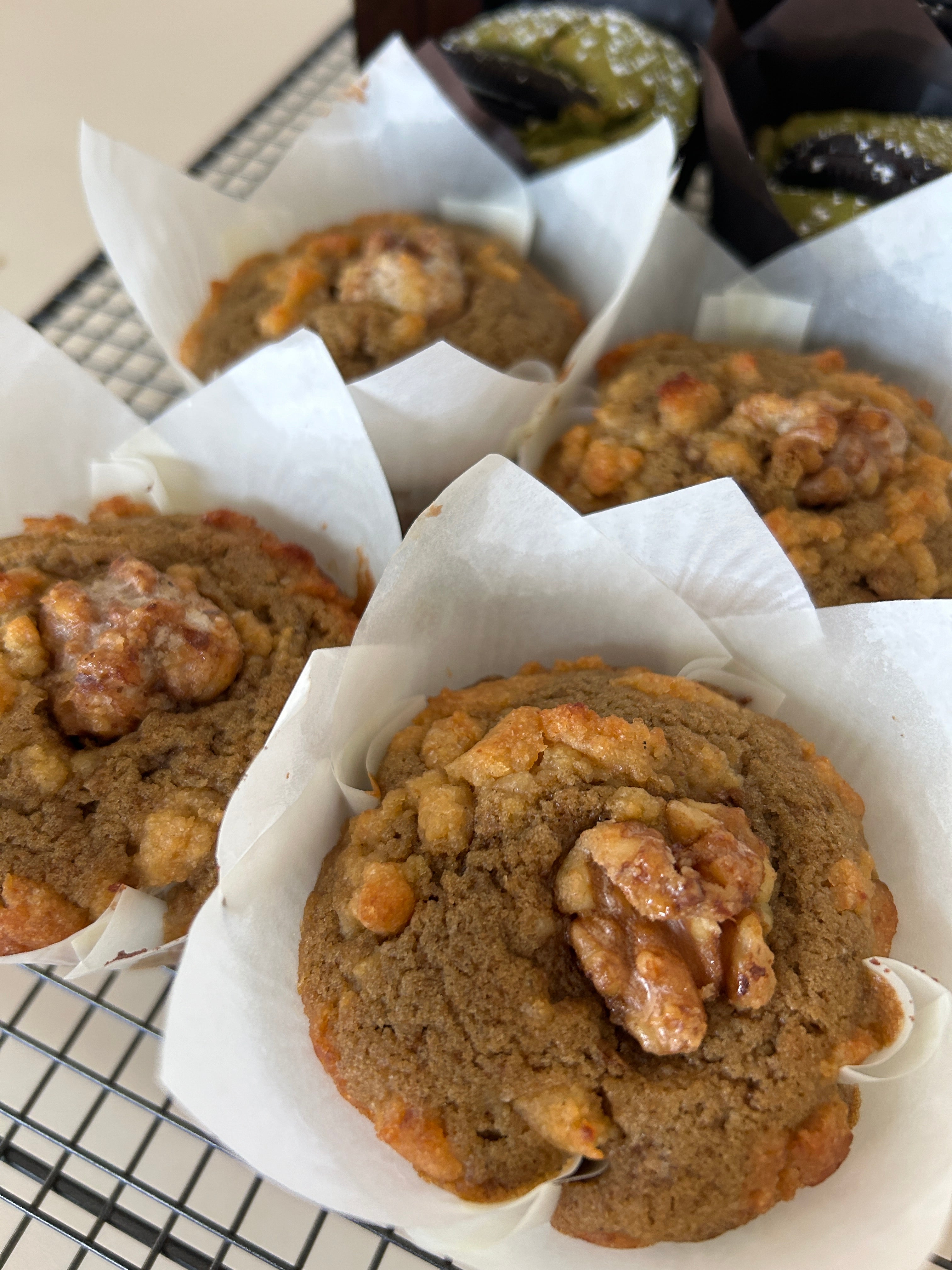 Handmade miso crumble muffin with walnuts, topped with crunchy walnut crumble