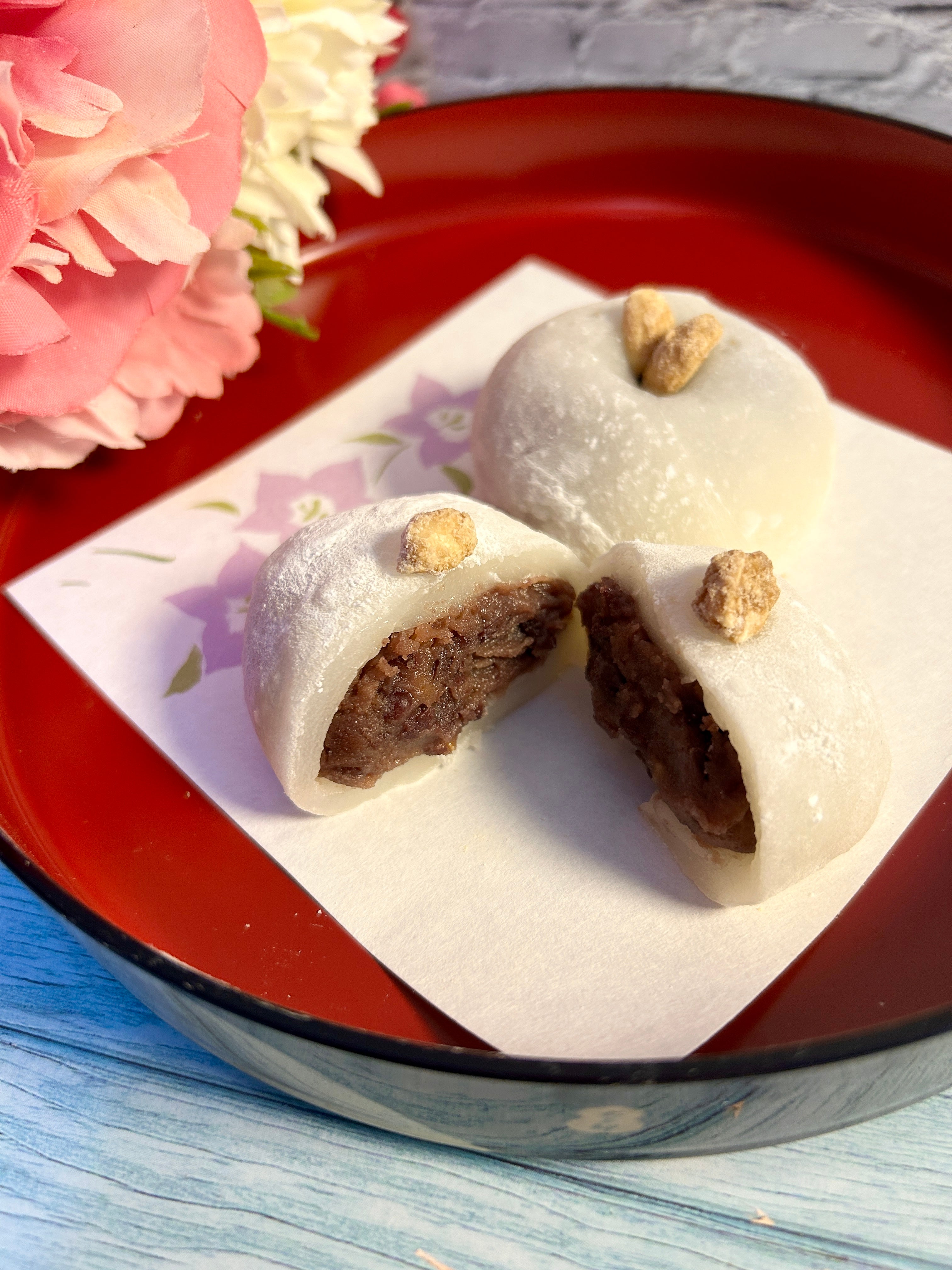 Daifuku mochi  filled with chunky peanut bean paste
