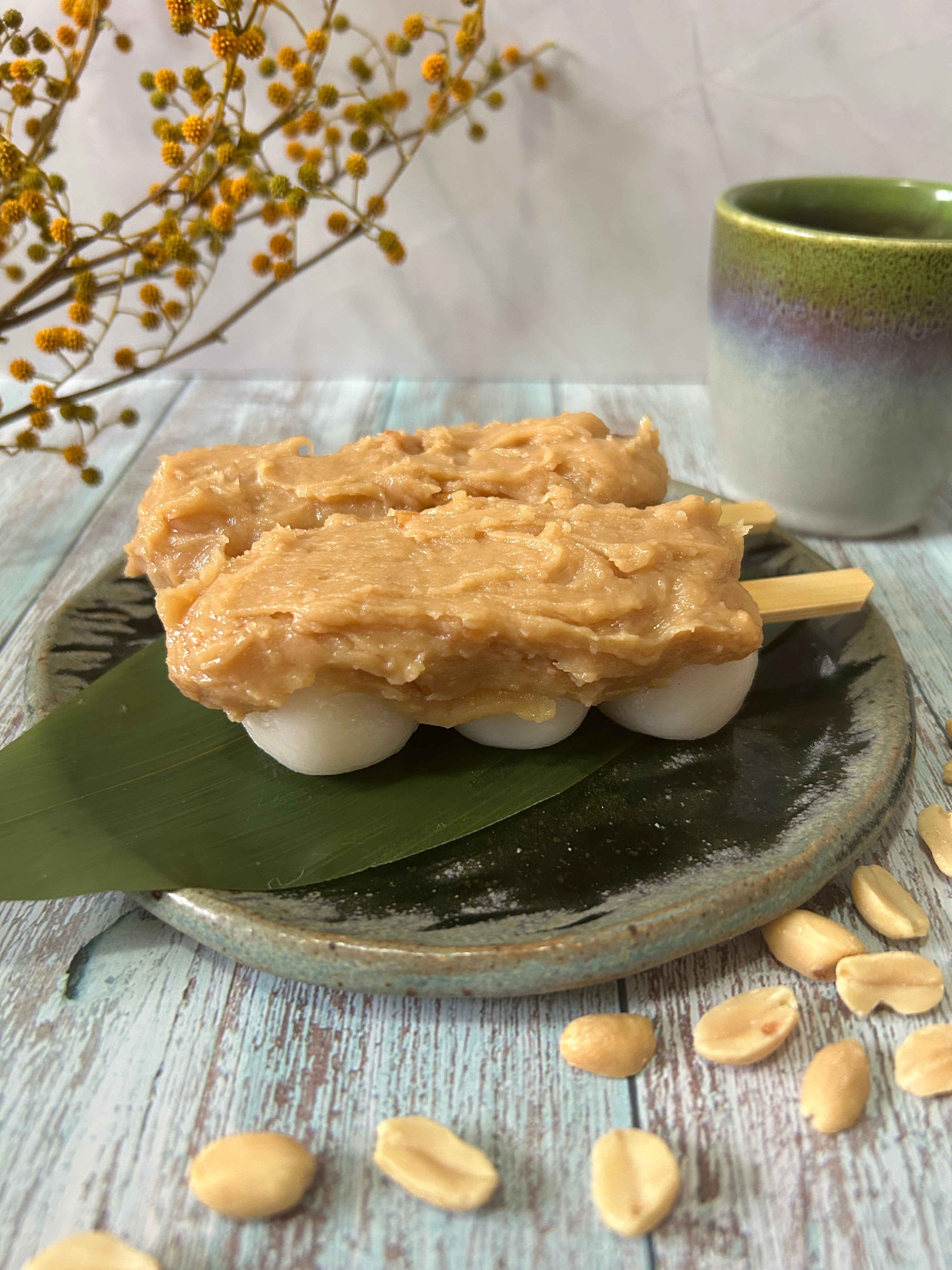 Dango topped with peanut butter anko