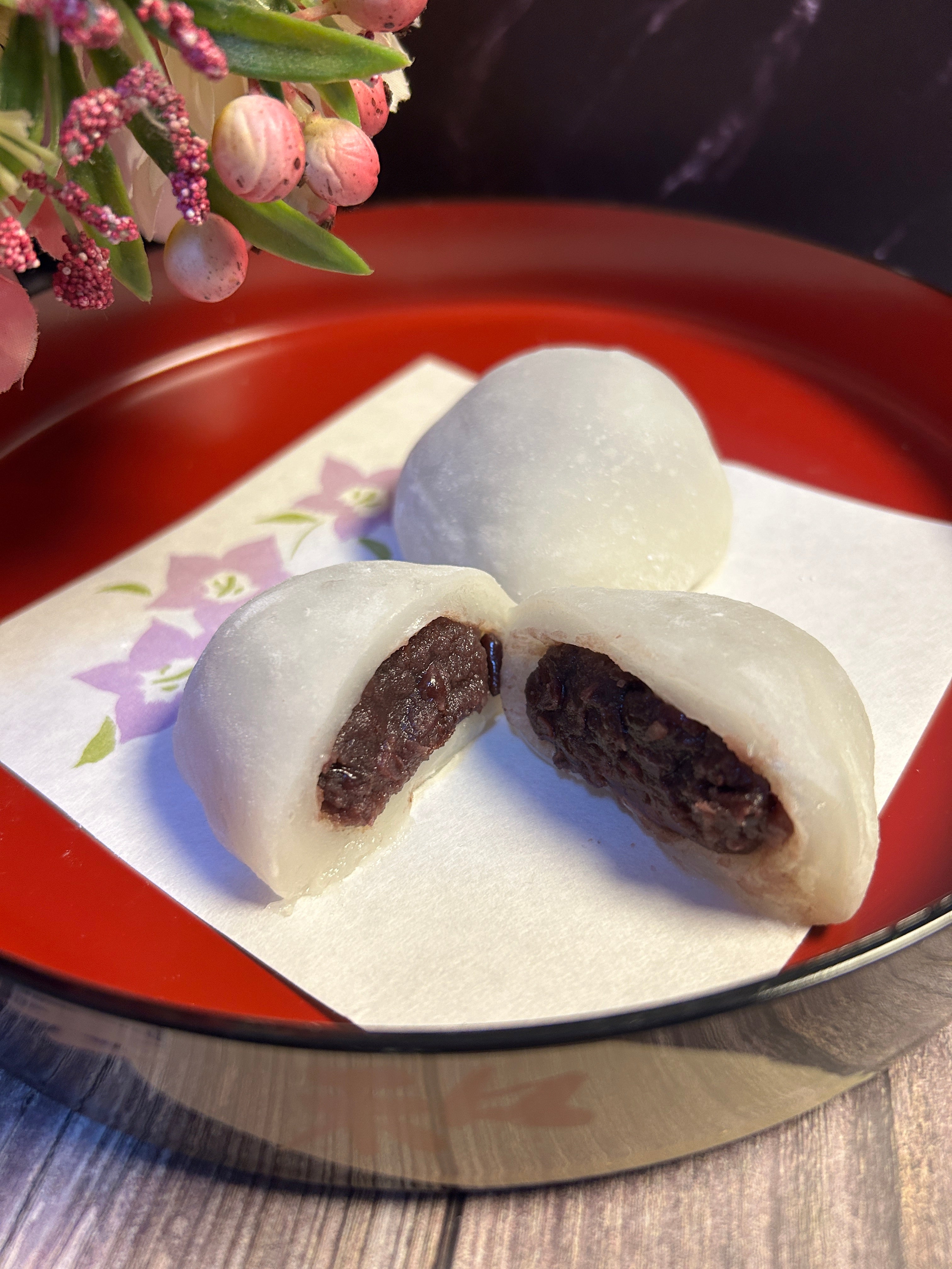 Japanese daifuku mochi filled with chunky bean paste