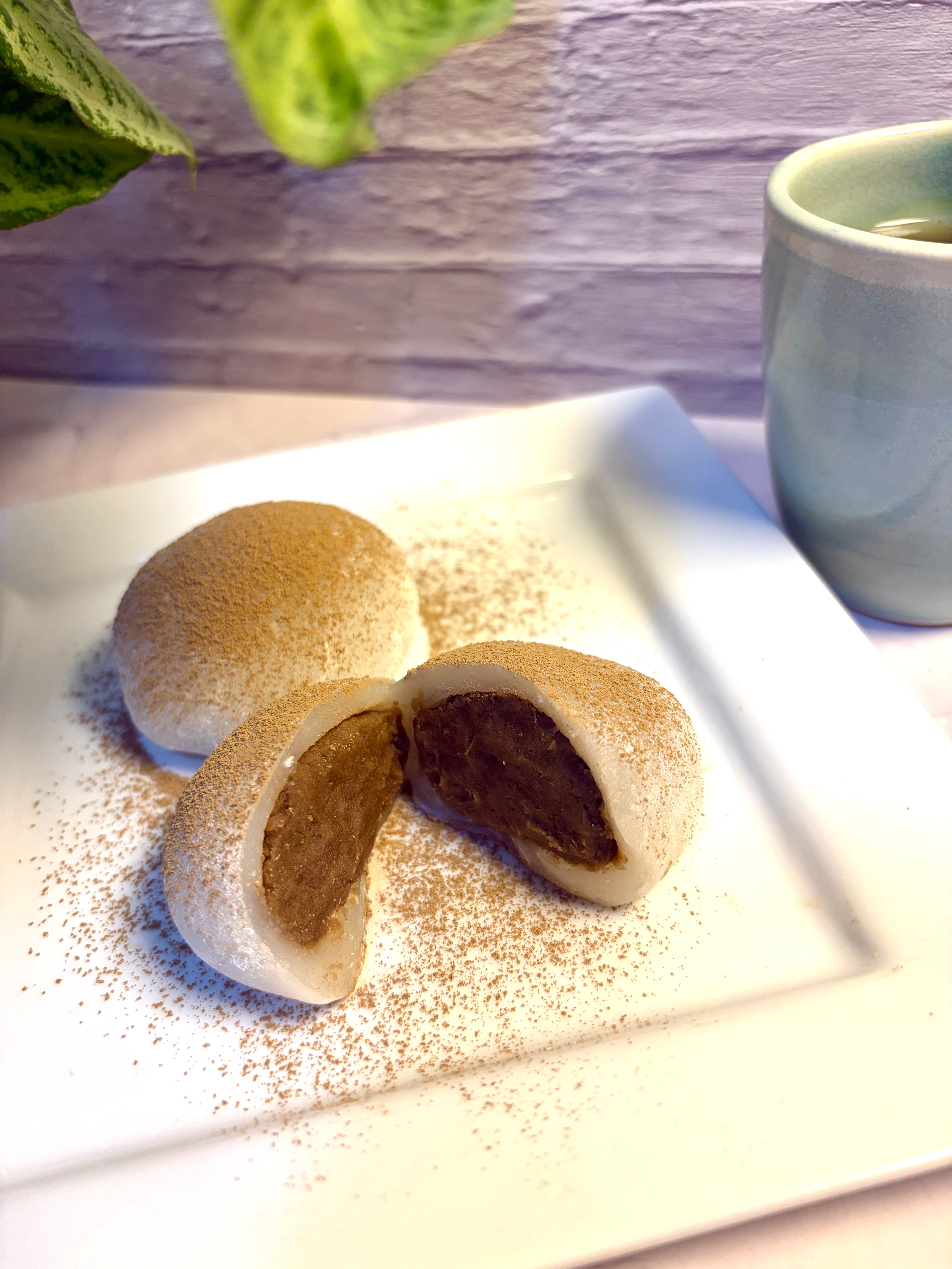 Japanese Hojicha Daifuku with roasted green tea filling, dusted with hojicha powder. Handmade by K's Creation in Perth.